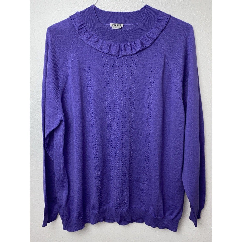 Miu Miu Women's Size 50 Purple 100% Wool Knit Long Sleeve Ruffel Neck Sweater